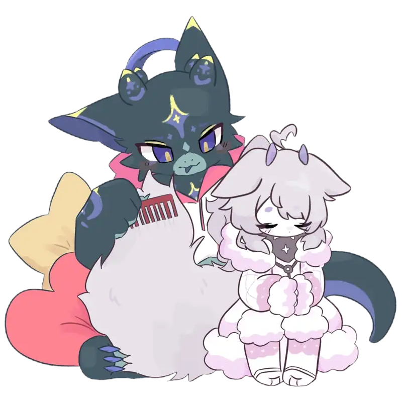 artwork of a feminine white-furred plushie character having their tail brushed by a blue and yellow star-patterned kobold.