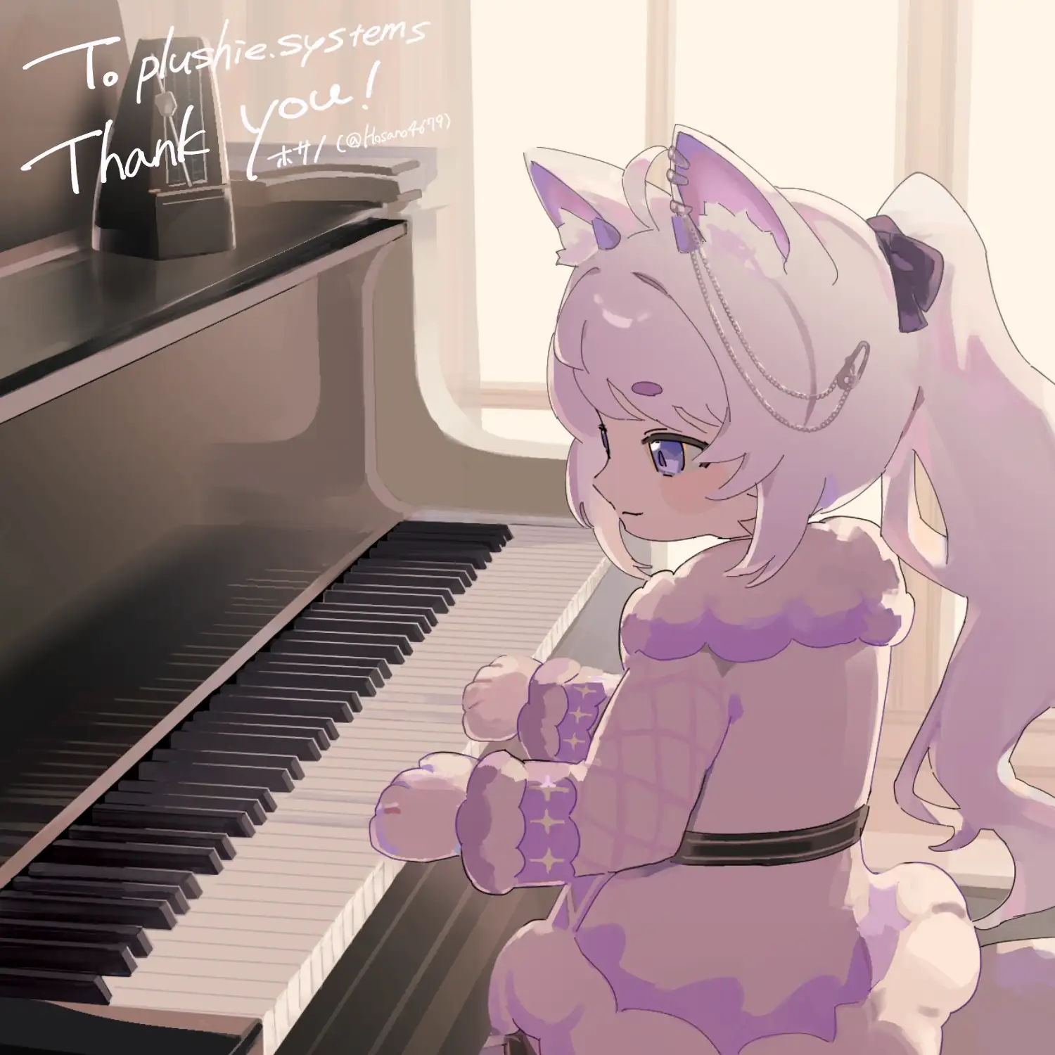 an artwork of a feminine white-furred plushie character in front of a piano and metronome near a sunny window.