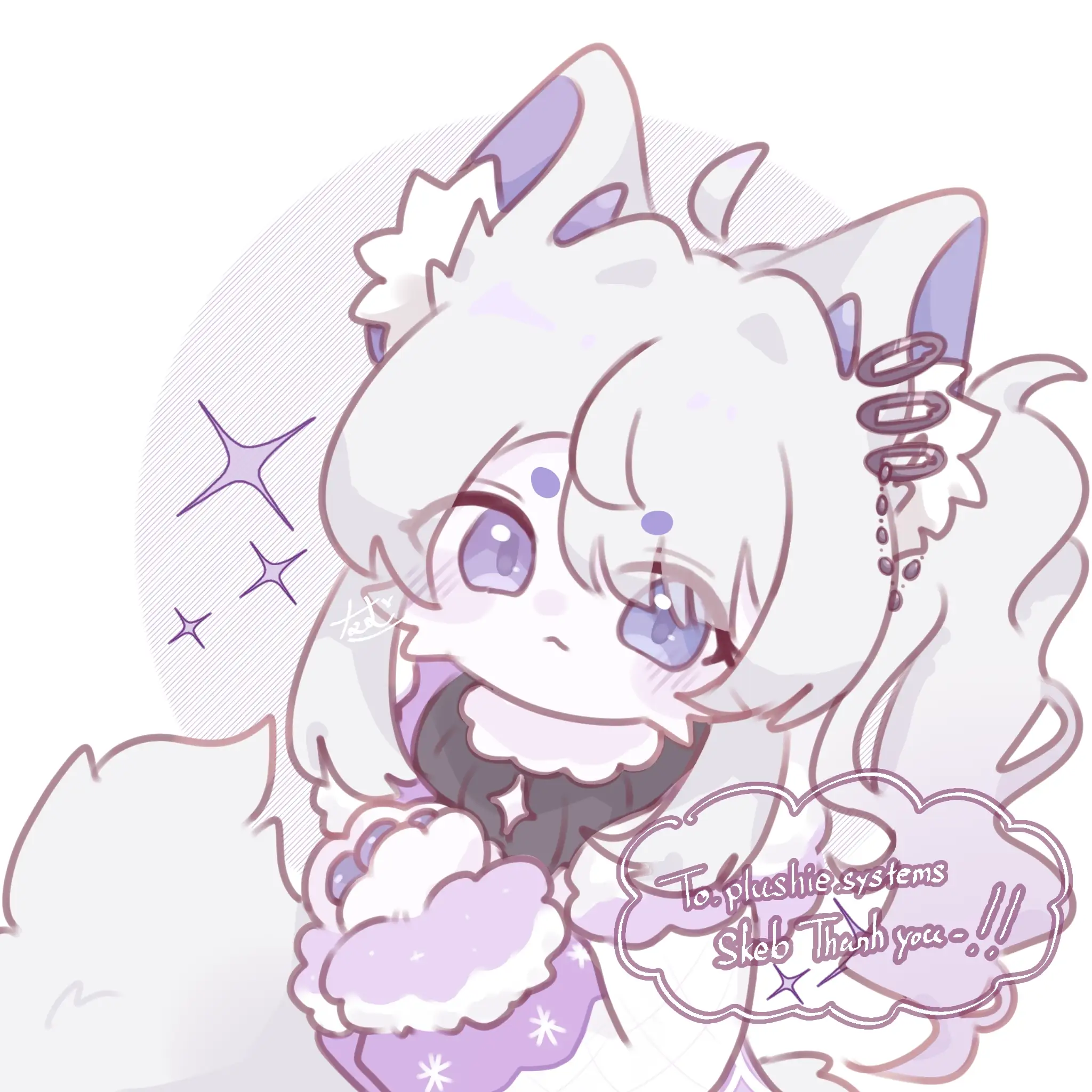 art by namu_tapi. a cat-humanoid plushie with white fur, with a long ponytail and a puffy winter parka.